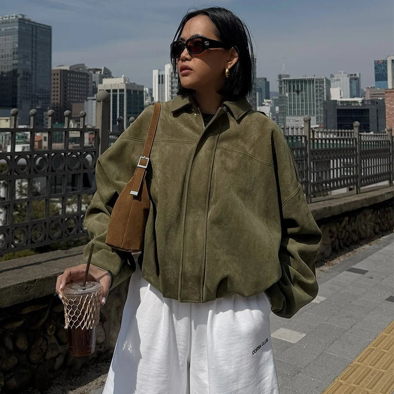 Veste bomber courte en daim – Femme