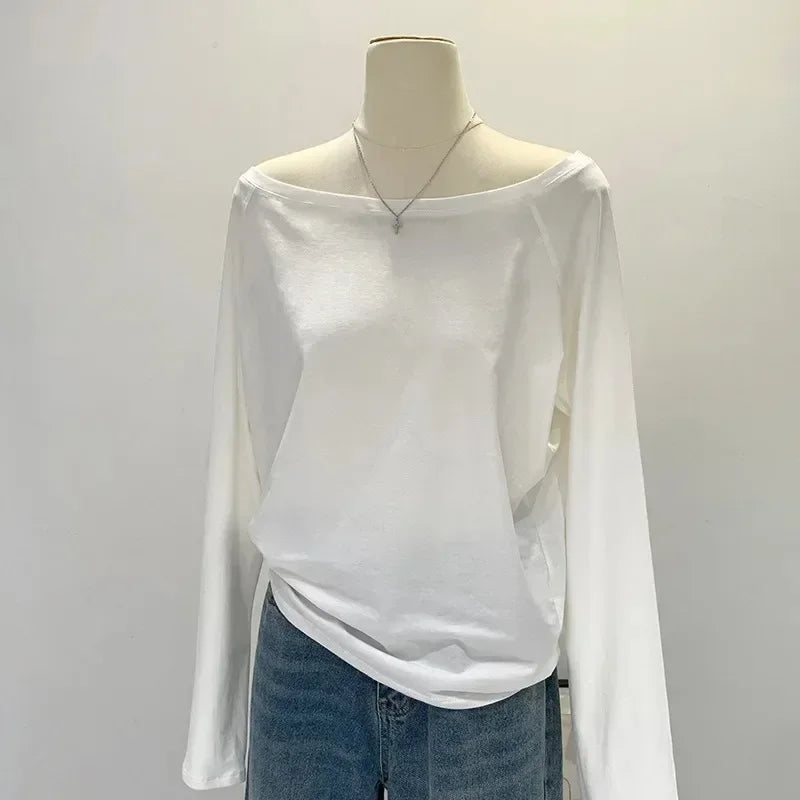 Asymmetric Shoulder Long-Sleeve Top – Women
