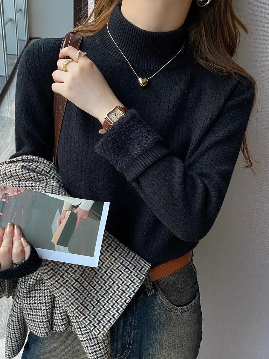Pull à col roulé doublé de velours – Femme