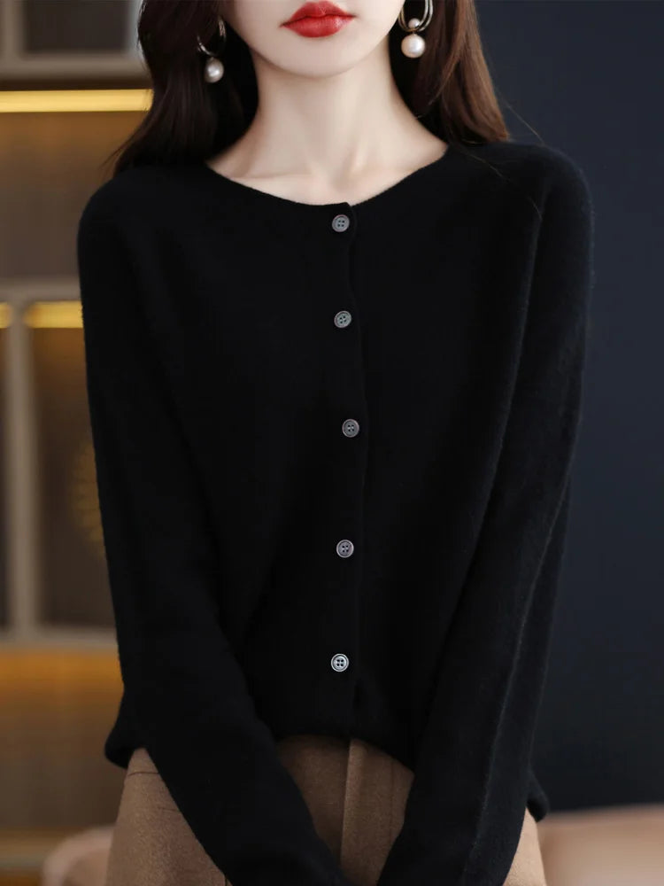 Cardigan col rond en laine mérinos – Femme