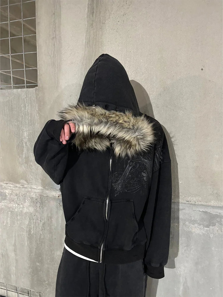 Faux Fur Collar Zip Hoodie – Women