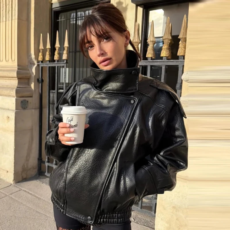 Blouson aviateur court en similicuir – Femme