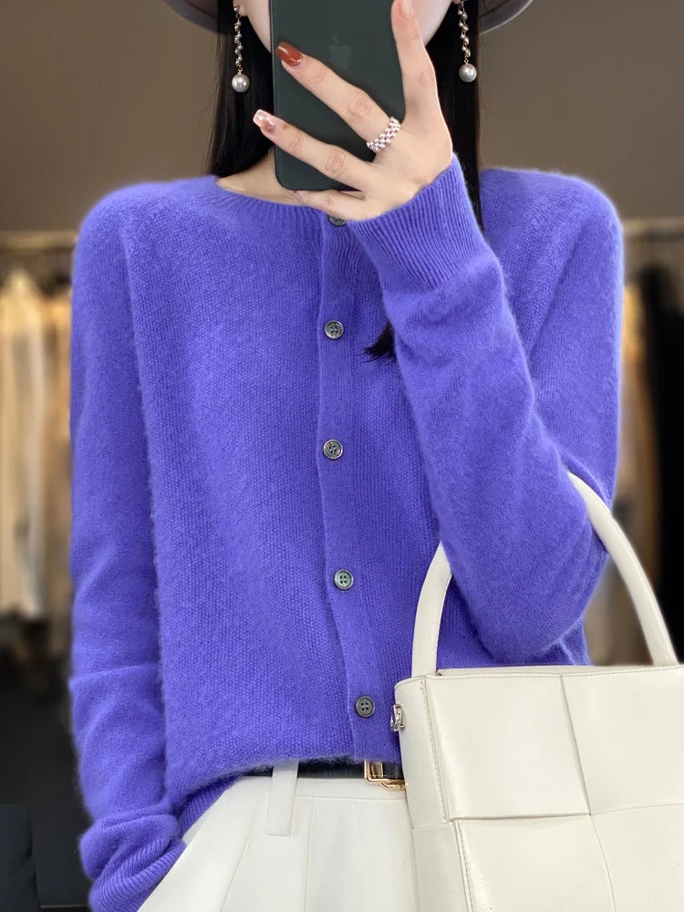 Cardigan col rond en laine mérinos – Femme