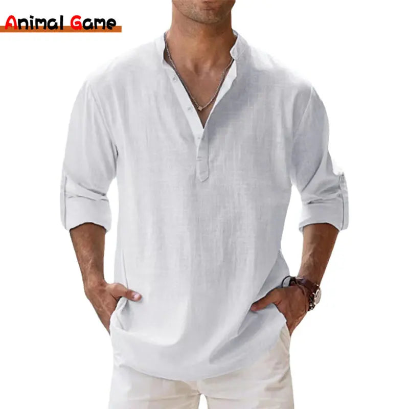 Cotton Linen Henley Shirt – Men