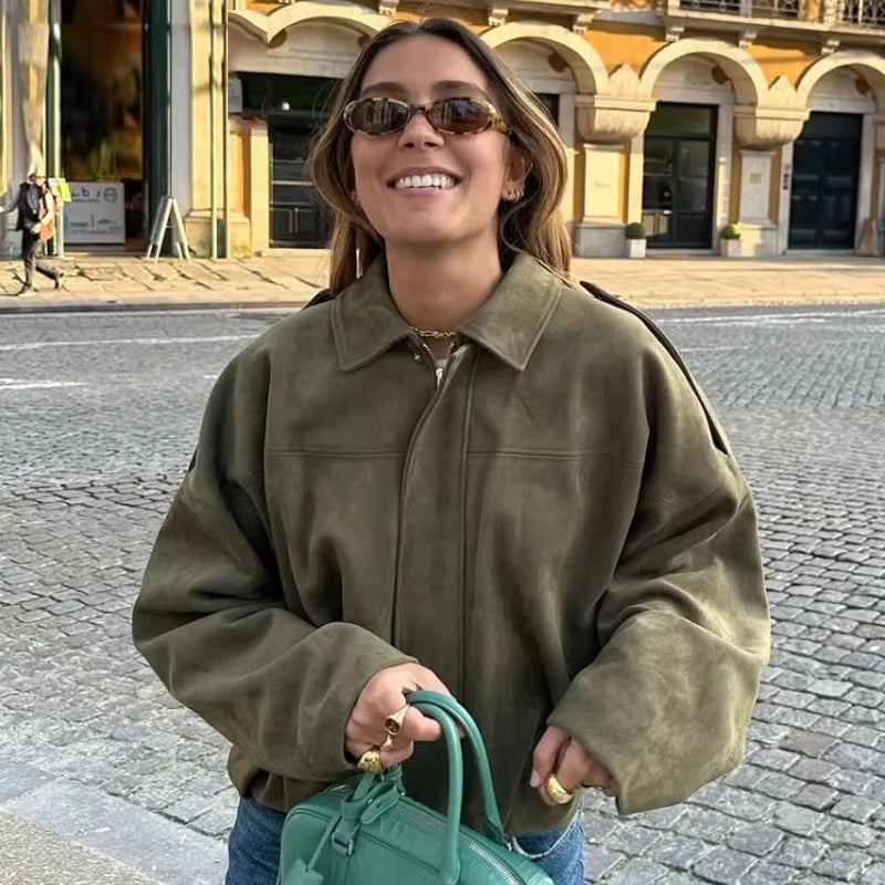Veste bomber courte en daim – Femme