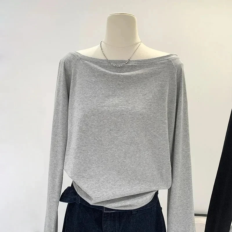 Asymmetric Shoulder Long-Sleeve Top – Women