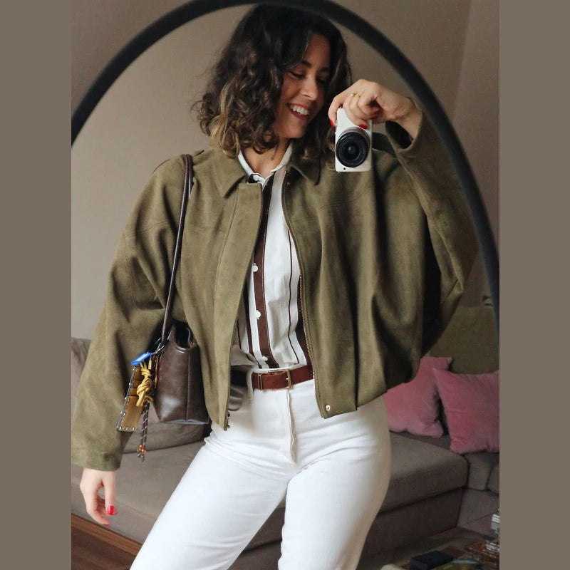 Veste bomber courte en daim – Femme