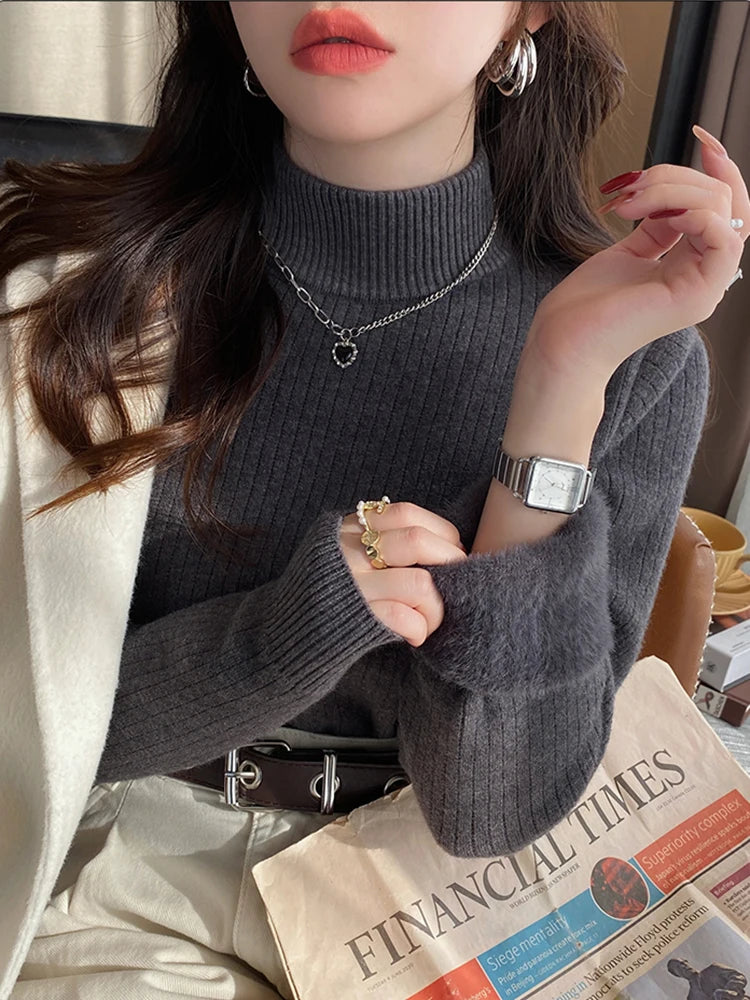 Pull à col roulé doublé de velours – Femme