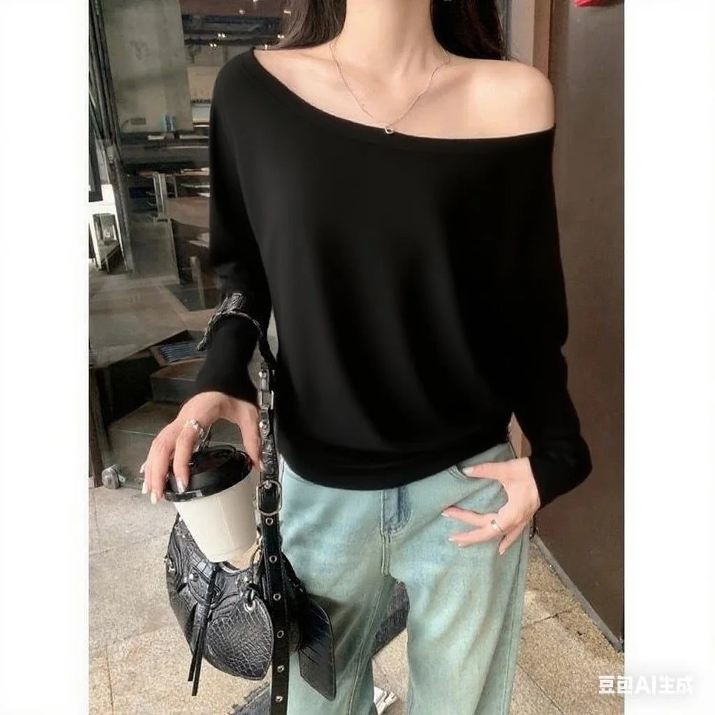 Asymmetric Shoulder Long-Sleeve Top – Women