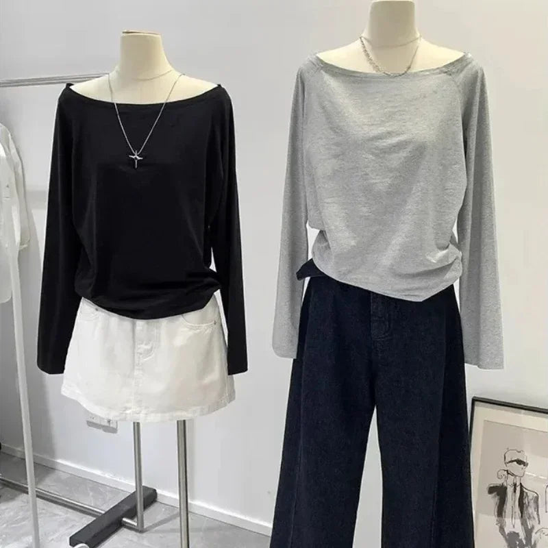 Asymmetric Shoulder Long-Sleeve Top – Women