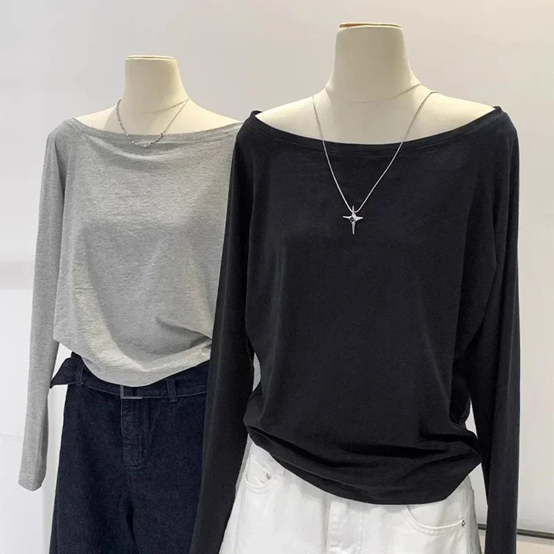 Asymmetric Shoulder Long-Sleeve Top – Women