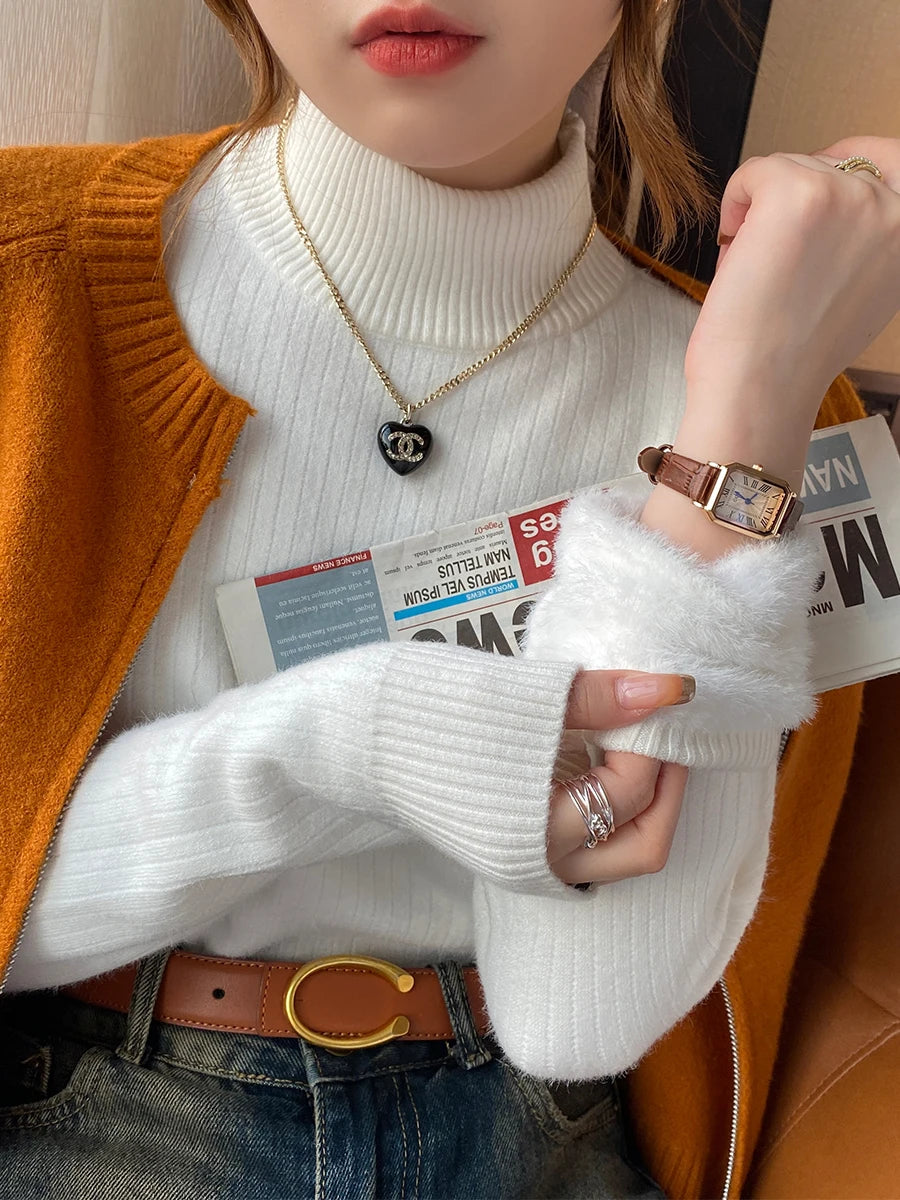 Pull à col roulé doublé de velours – Femme