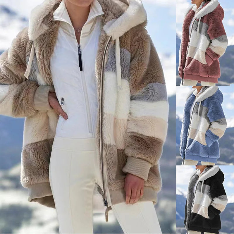 Veste zippée à capuche doublée en sherpa – Femme