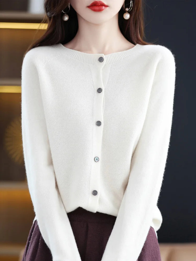 Cardigan col rond en laine mérinos – Femme