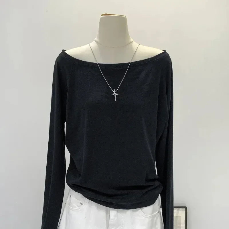 Asymmetric Shoulder Long-Sleeve Top – Women