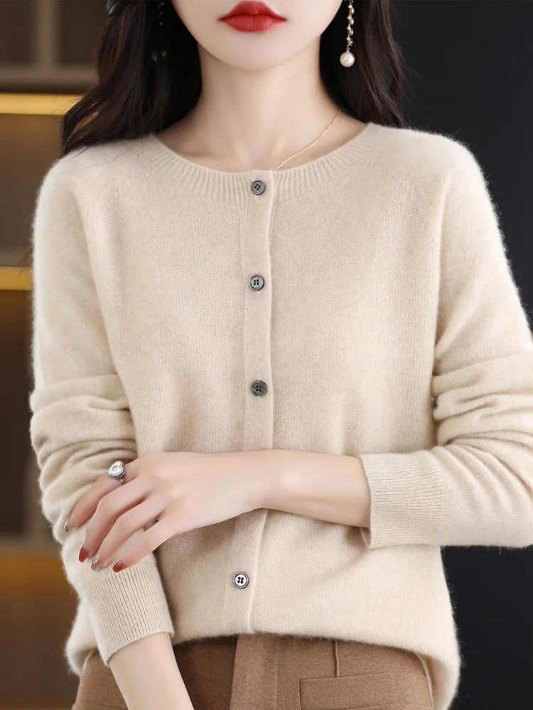 Cardigan col rond en laine mérinos – Femme