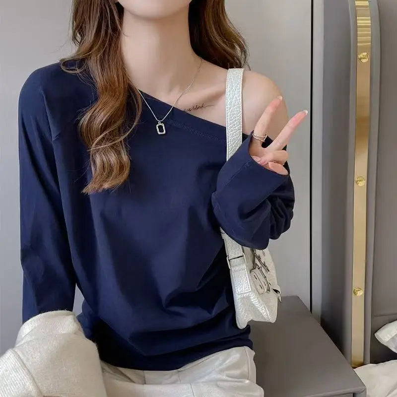 Asymmetric Shoulder Long-Sleeve Top – Women