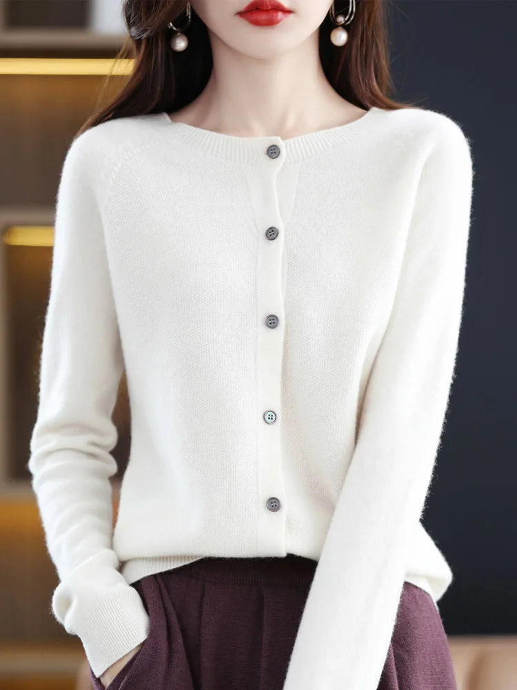 Cardigan col rond en laine mérinos – Femme
