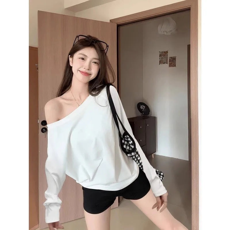 Asymmetric Shoulder Long-Sleeve Top – Women